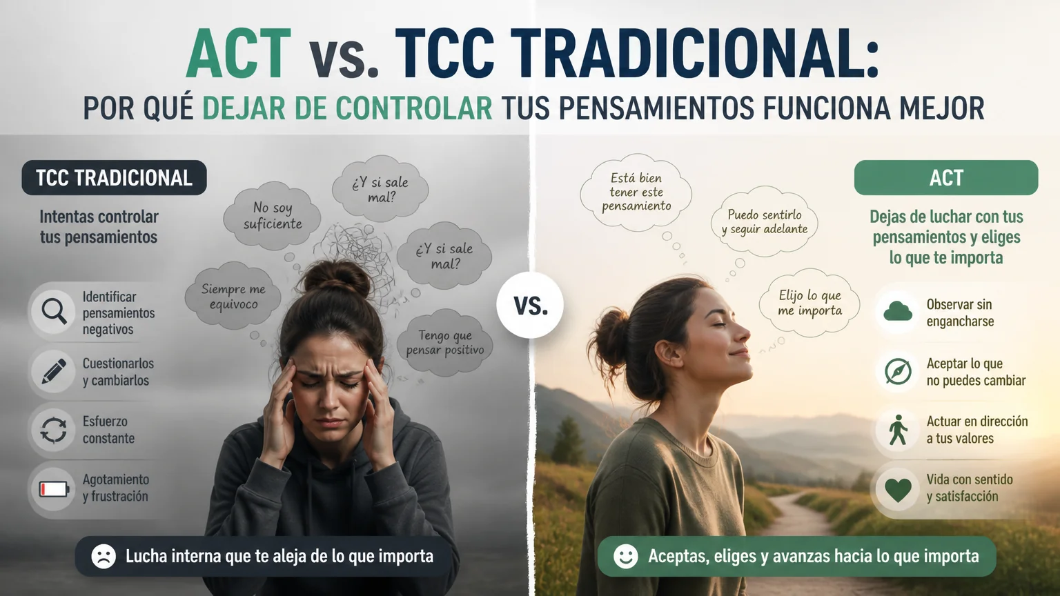 Act vs. tcc tradicional: por qué dejar de controlar tus pensamientos funciona mejor - terapia aceptacion compromiso