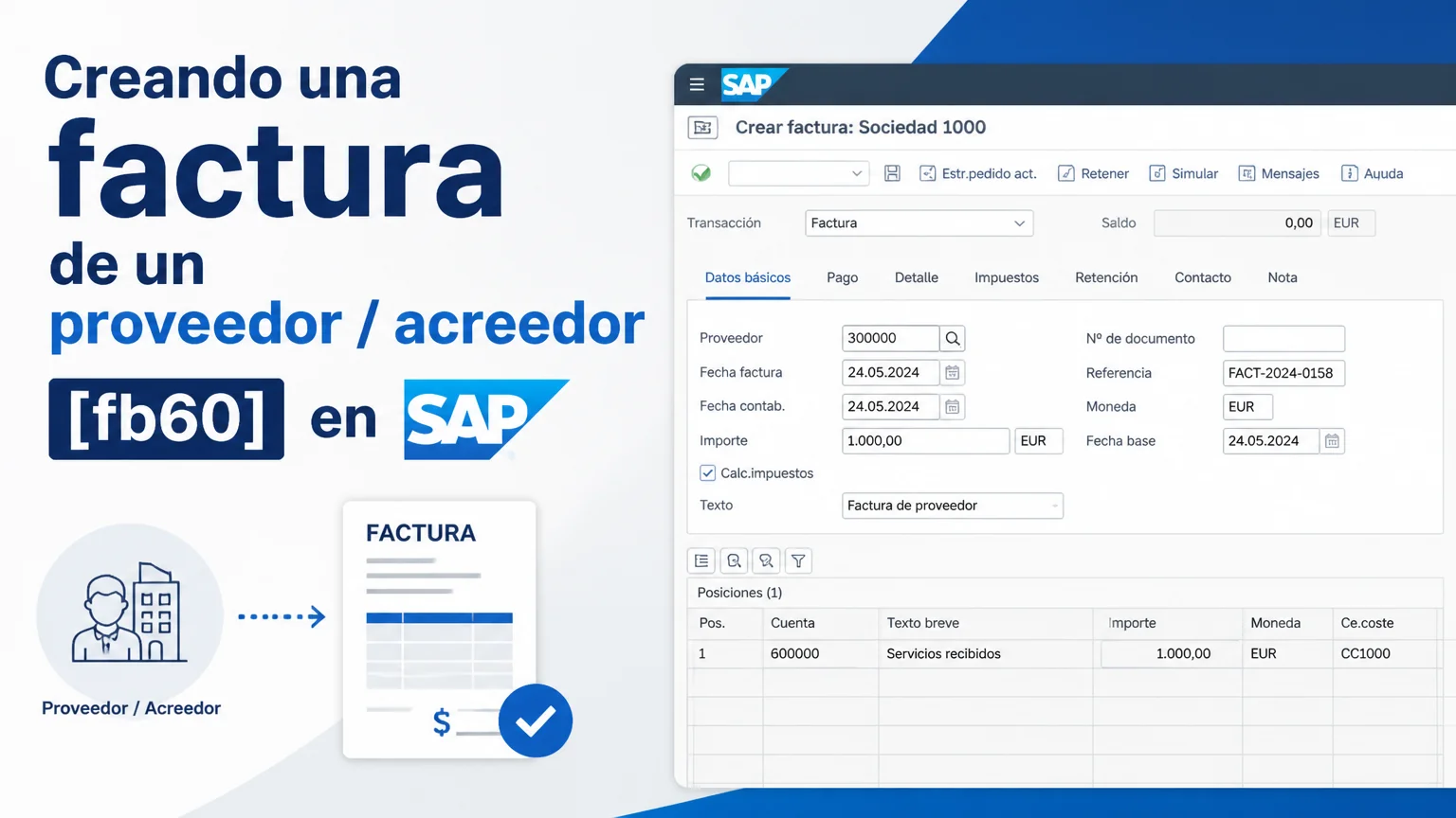 Creando una factura de un proveedor / acreedor [fb60] en sap - introduccion sap