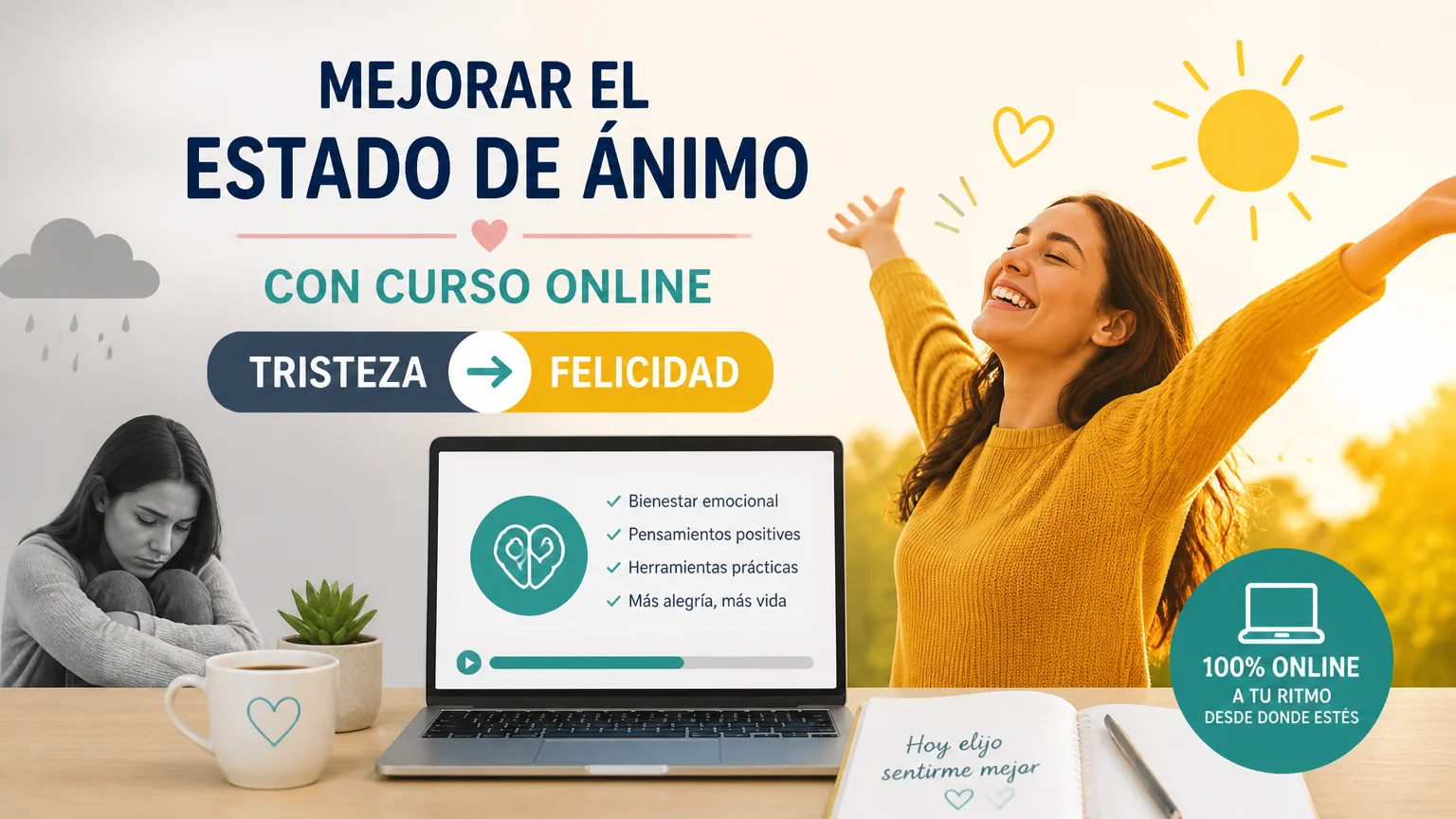 Mejorar el estado de ánimo con curso online tristeza felicidad - tristeza felicidad